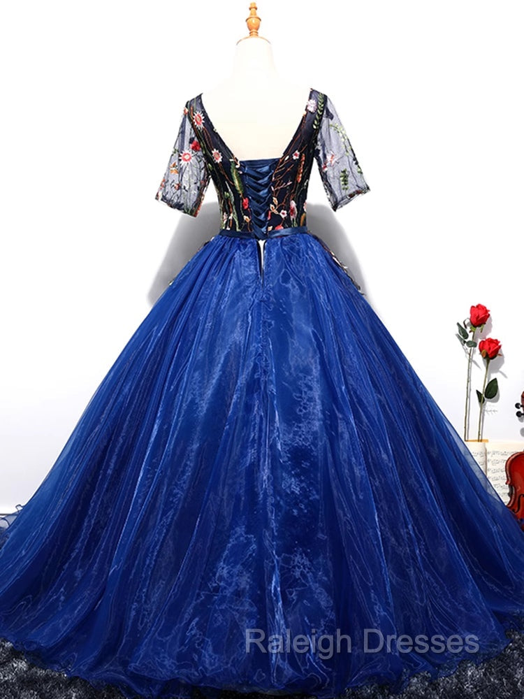 Blue Ball Gown Tulle with Lace Short Sleeves Prom Dresses Blue Sweet 16 Dresses