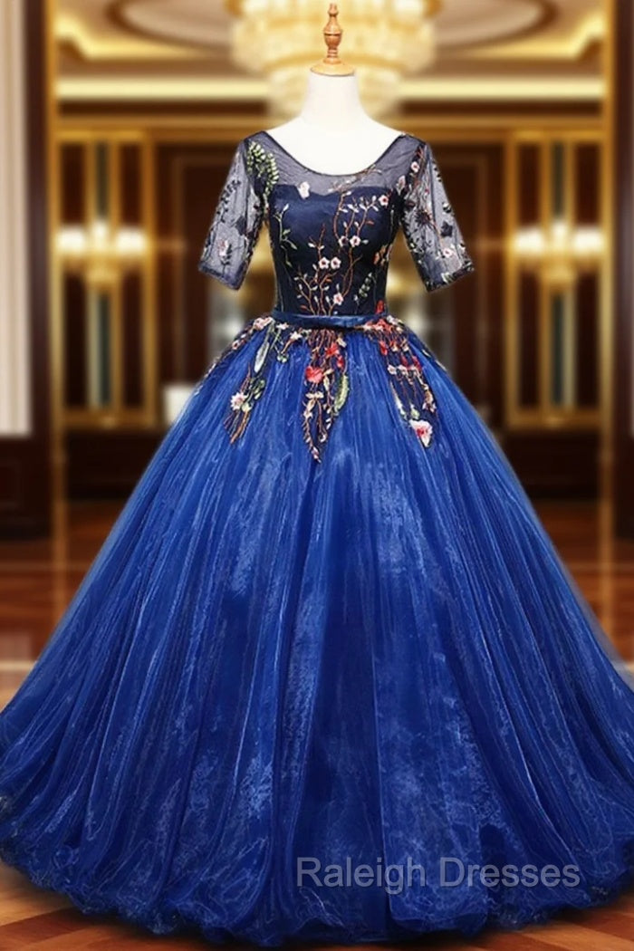 Blue Ball Gown Tulle with Lace Short Sleeves Party Dress, Blue Sweet 16 Dress