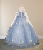 Blue Ball Gown with Scattered Little Flower Prom Dress