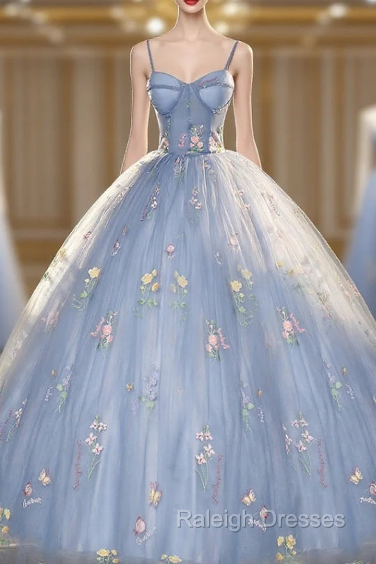Blue Ball Gown with Scattered Little Flower Prom Dress Main image