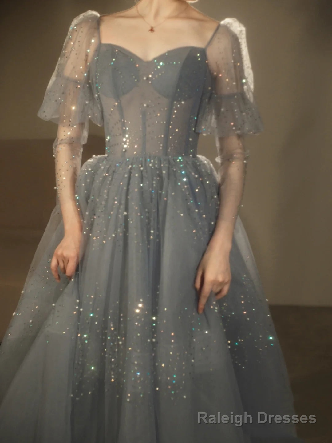 Blue Beaded A-Line Tulle Long Party Dress, Blue Evening Dress Prom Dress Secondary image