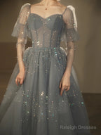 Blue Beaded A-Line Tulle Long Party Dress, Blue Evening Dress Prom Dress