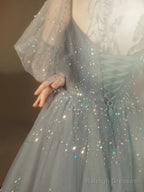 Blue Beaded A-Line Tulle Long Party Dress, Blue Evening Dress Prom Dress