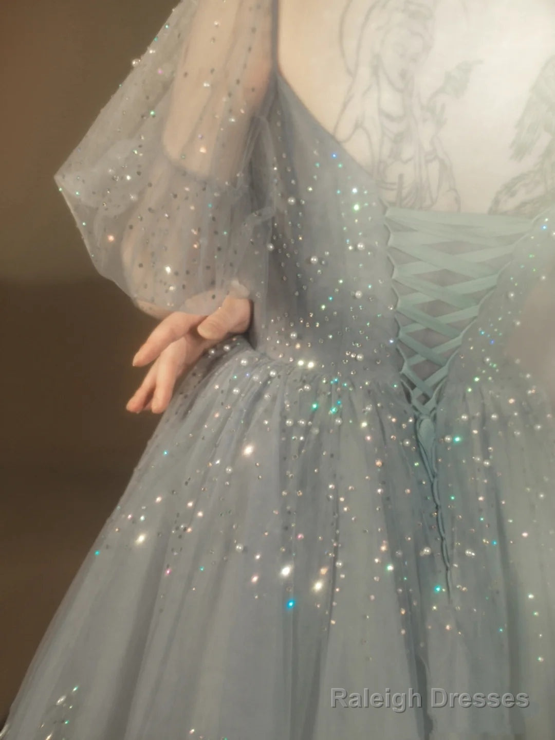 Blue Beaded A-Line Tulle Long Party Dress, Blue Evening Dress Prom Dress