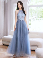 Blue Beaded And Lace Applique Long Party Dress, Blue Formal Dresses