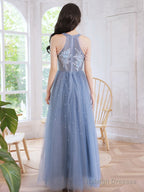 Blue Beaded And Lace Applique Long Party Dress, Blue Formal Dresses