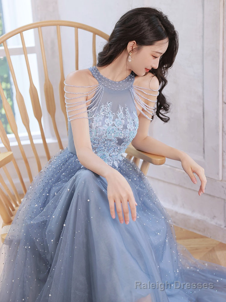 Blue Beaded And Lace Applique Long Party Dress, Blue Formal Dresses