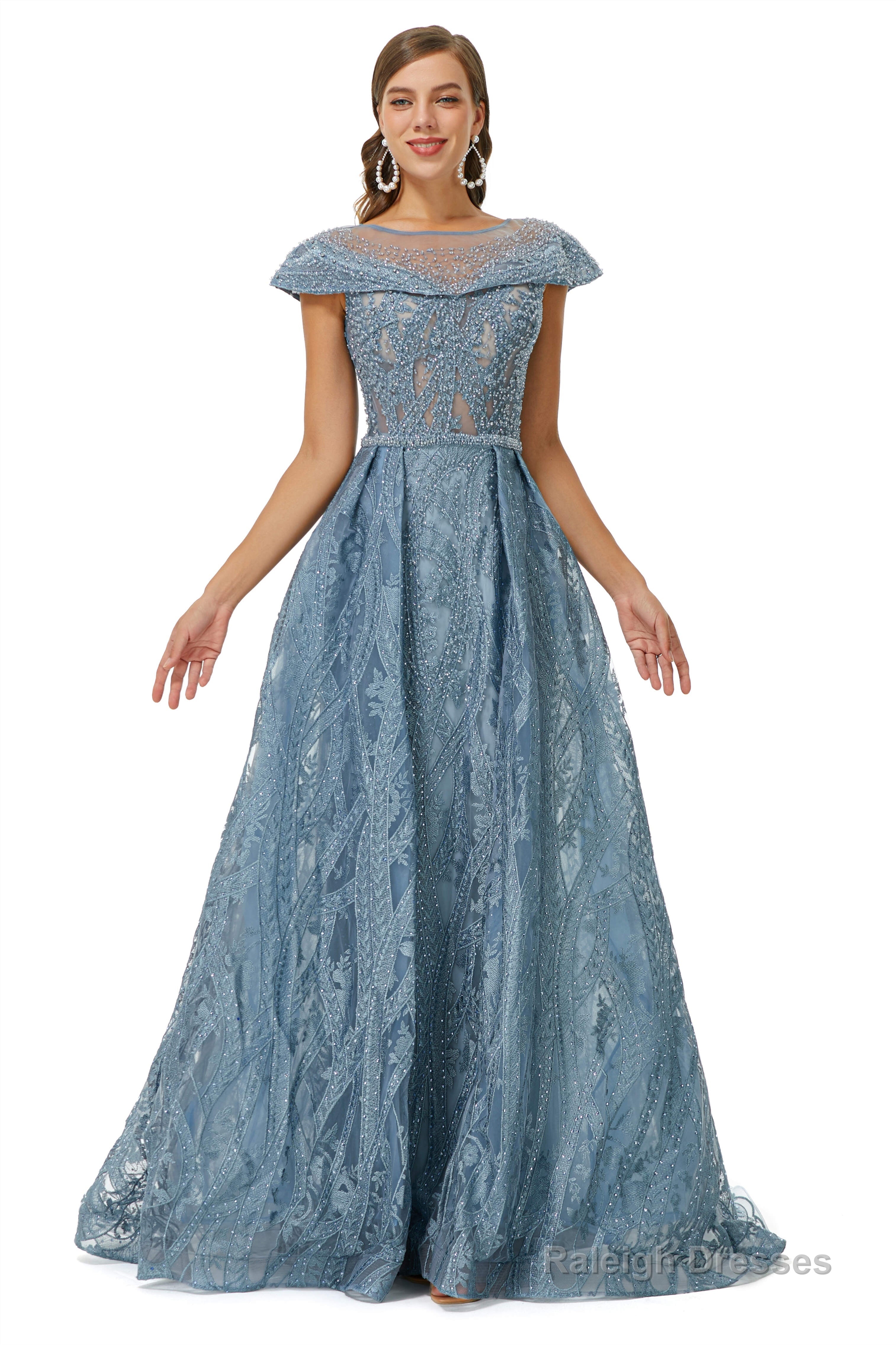 Beaded Cap Sleeves Prom Dresses with Overskirt