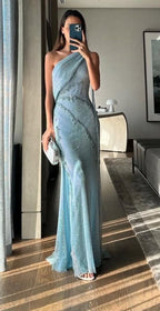 Blue Beaded Fashion One Shoulder Long Prom Dress Evening Dress