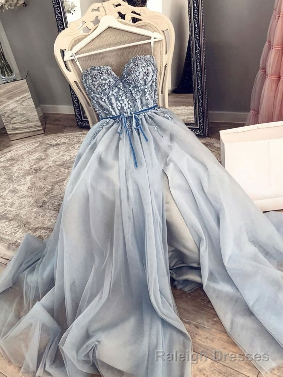Blue Beaded Long Prom Dresses, Sweetheart Neck Blue Long Formal Evening Dresses with Beadings Main image