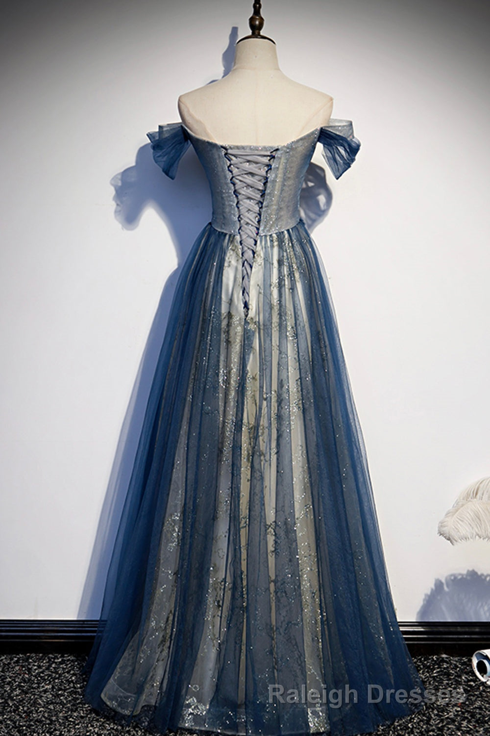 Blue Beaded Off Shoulder Sweetheart Shiny Tulle Party Dress, Blue Evening Dress Prom Dress Main image