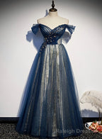 Blue Beaded Off Shoulder Sweetheart Shiny Tulle Prom Dress, Blue Prom Dress