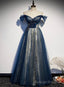 Blue Beaded Off Shoulder Sweetheart Shiny Tulle Prom Dress, Blue Prom Dress