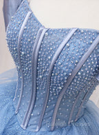 Blue Beaded Off Shoulder Tulle Long Prom Dresses Blue Prom Dresseses