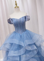 Blue Beaded Off Shoulder Tulle Long Prom Dresses Blue Prom Dresseses