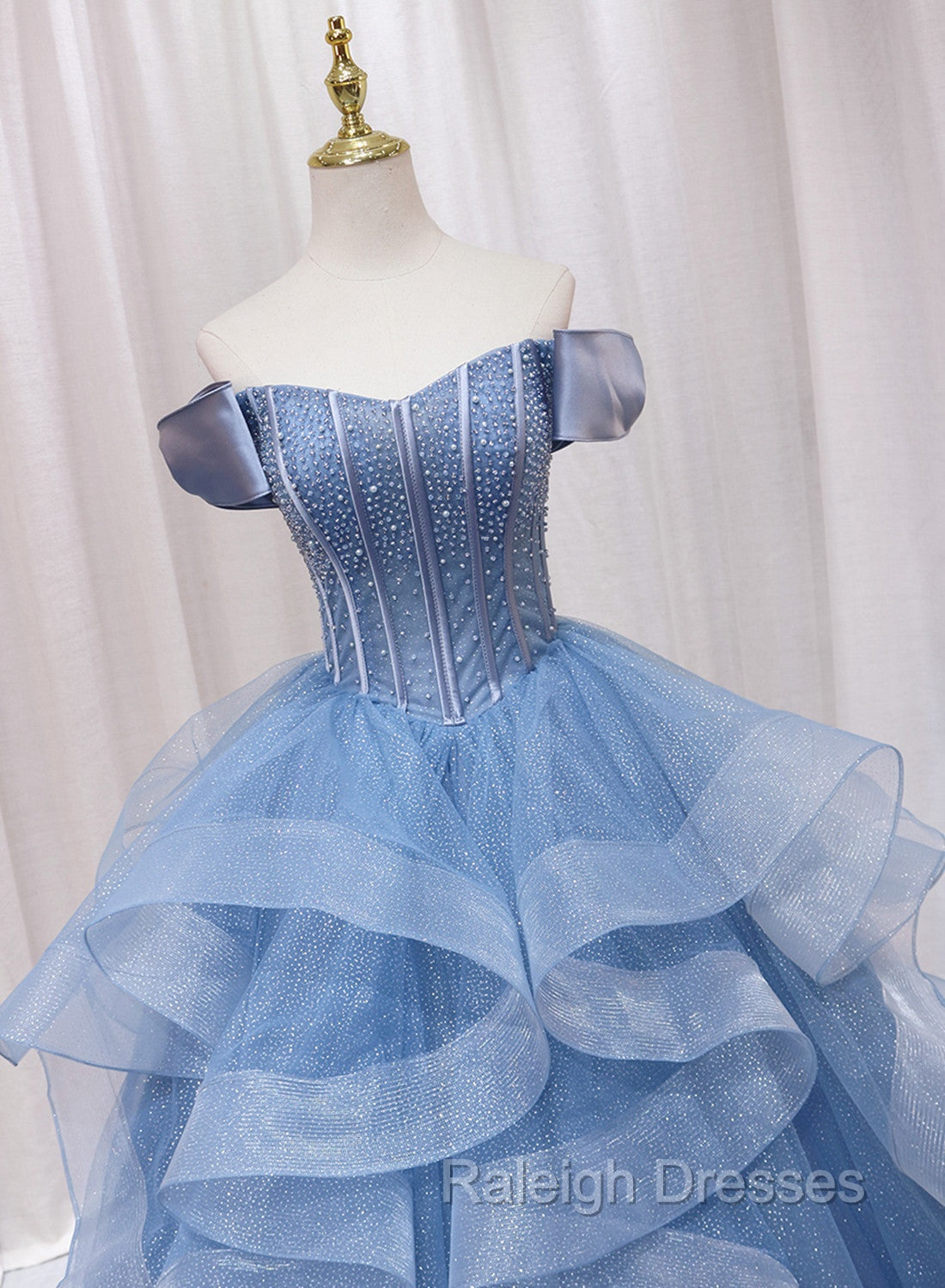 Blue Beaded Off Shoulder Tulle Long Prom Dresses Blue Prom Dresseses
