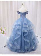 Blue Beaded Off Shoulder Tulle Long Prom Dresses Blue Prom Dresseses