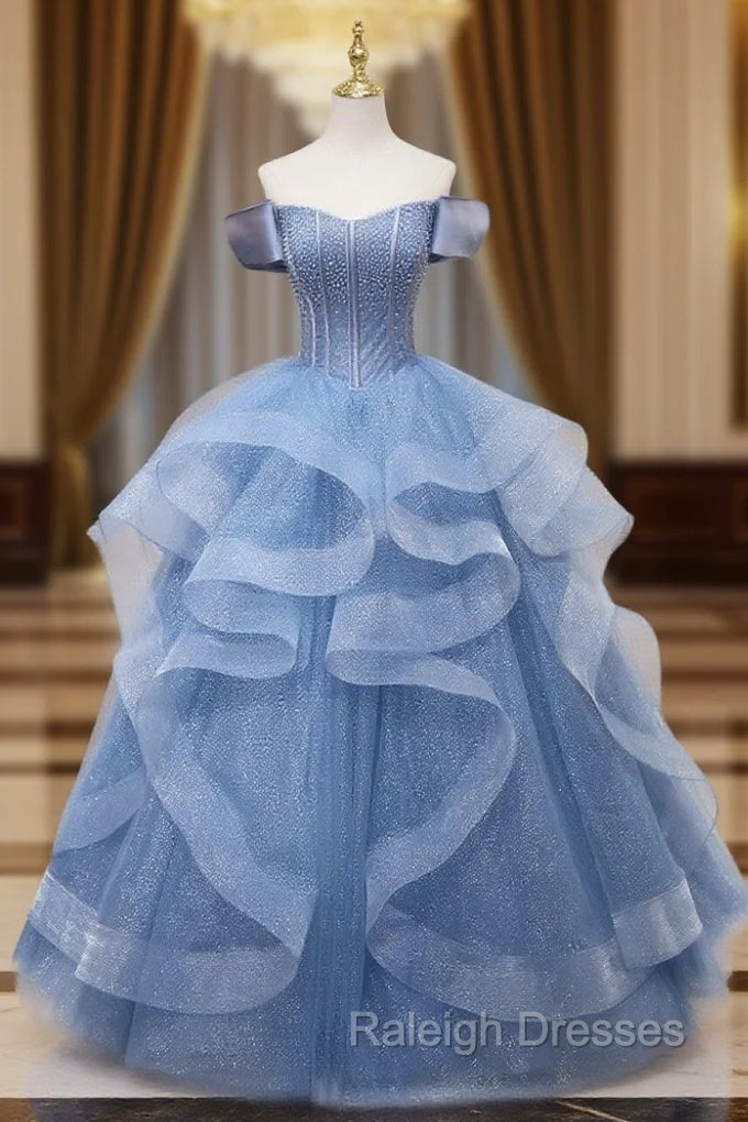 Blue Beaded Off Shoulder Tulle Long Prom Dresses Blue Prom Dresseses Main image