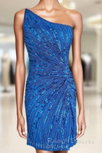 Blue Beaded One-Shoulder Short Cocktail Dress