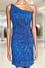 Blue Beaded One-Shoulder Short Cocktail Dress