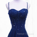Blue Beaded Straps A-line Tulle New Prom Dress Party Dress, Blue Floor Length Party Dress