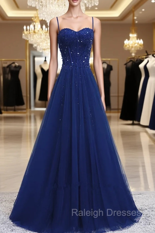 Blue Beaded Straps A-line Tulle New Prom Dress Party Dress, Blue Floor Length Party Dress Main image