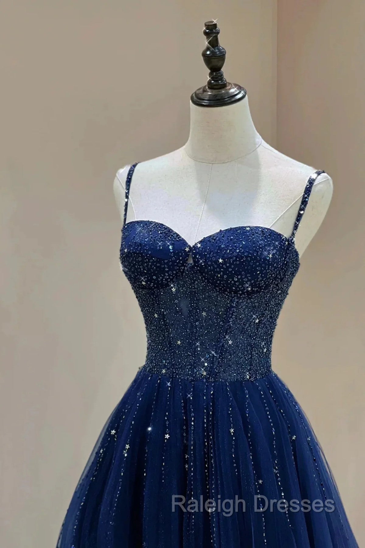 Blue Beaded Sweetheart Tulle A-line Prom Dress, Blue Long Party Dress Secondary image