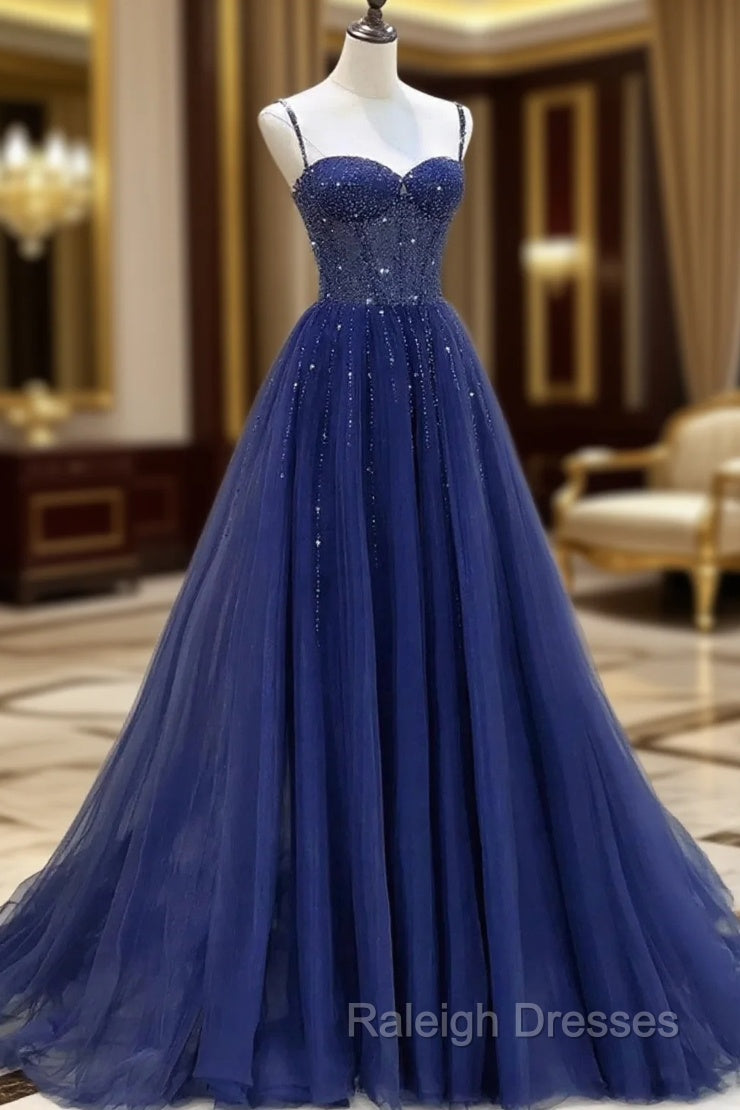 Blue Beaded Sweetheart Tulle A-line Prom Dress, Blue Long Party Dress Main image