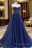 Blue Beaded Sweetheart Tulle A-line Prom Dress, Blue Long Party Dress