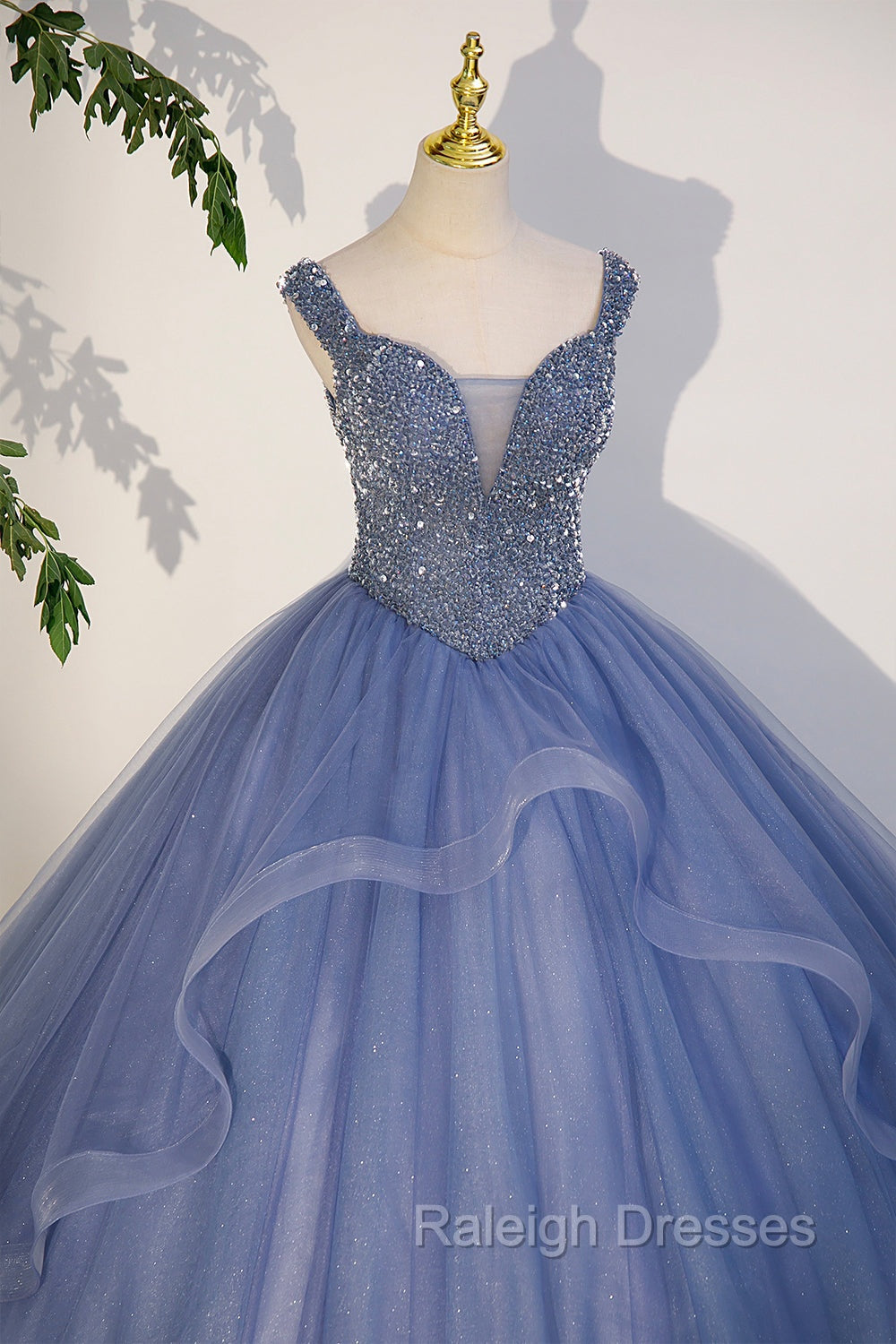 Blue Beaded Tulle Long A Line Prom Dress, Blue Formal Dress Secondary image