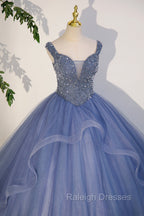 Blue Beaded Tulle Long A Line Prom Dress, Blue Formal Dress