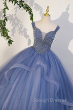 Blue Beaded Tulle Long A-Line Prom Dress, Blue Formal Dress