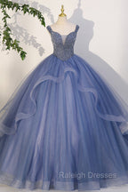 Blue Beaded Tulle Long A Line Prom Dress, Blue Formal Dress