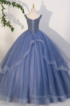 Blue Beaded Tulle Long A Line Prom Dress, Blue Formal Dress