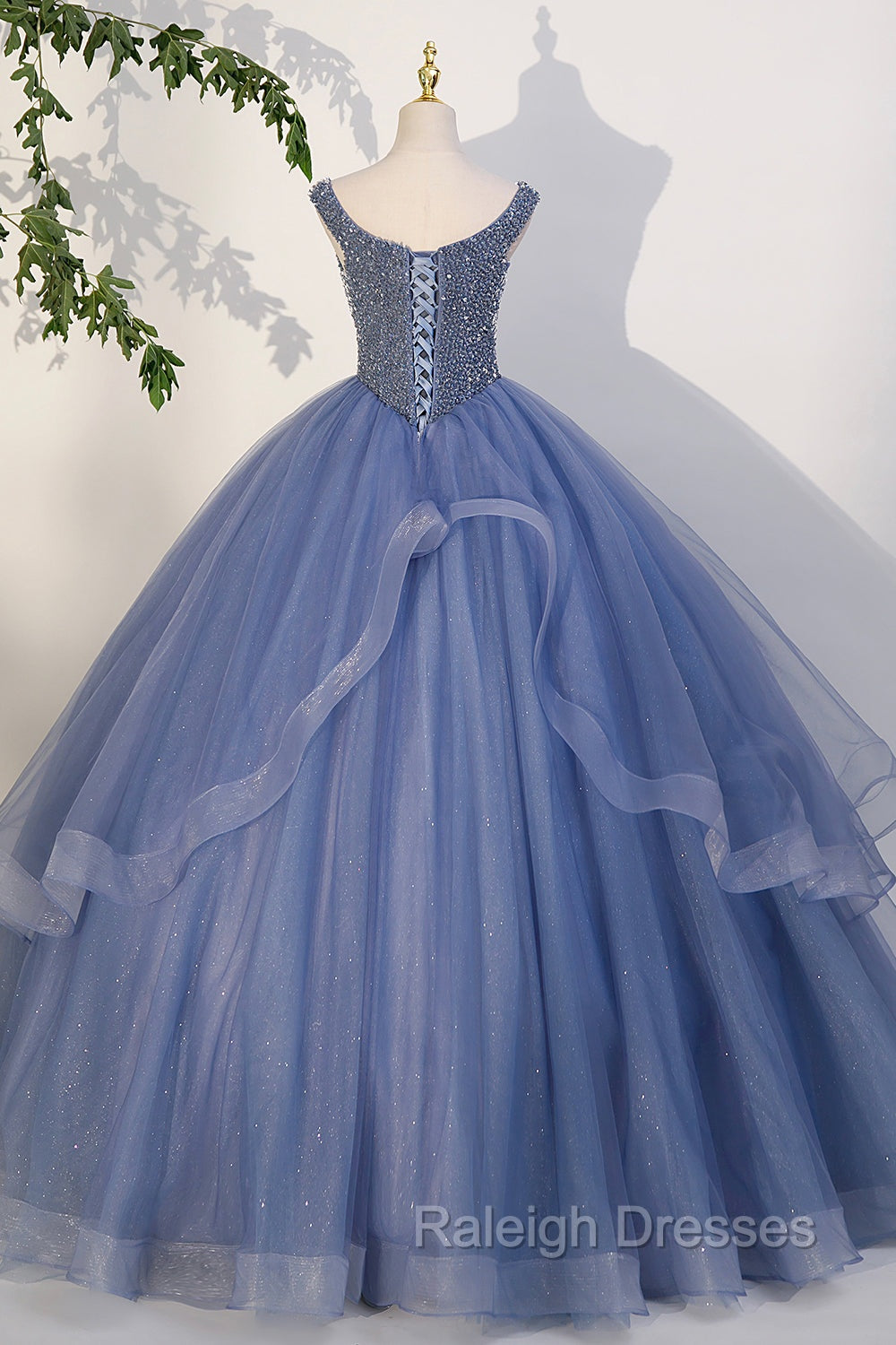Blue Beaded Tulle Long A Line Prom Dress, Blue Formal Dress