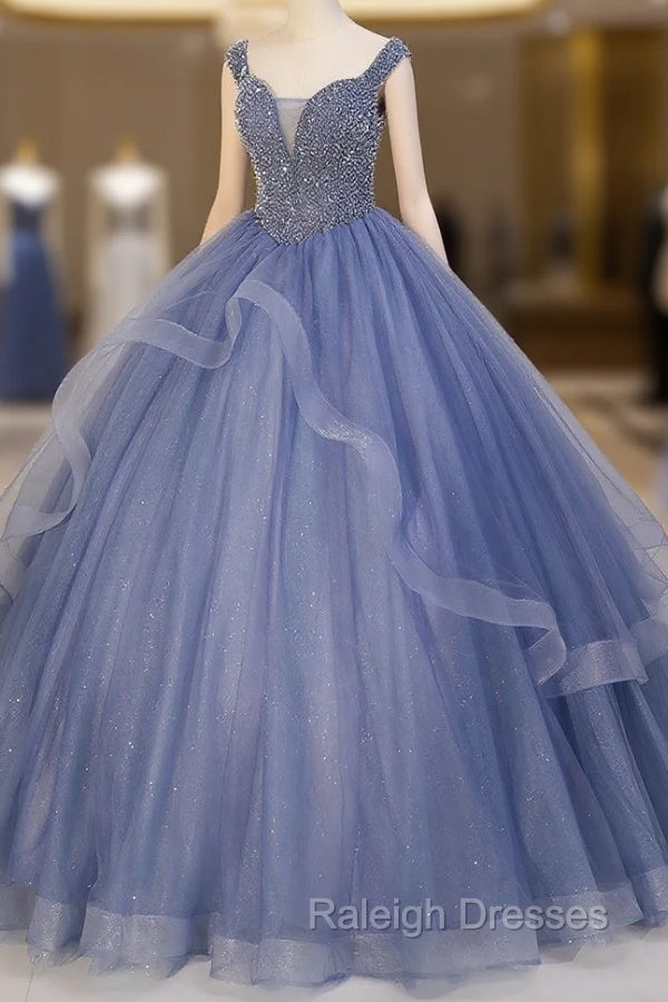 Blue Beaded Tulle Long A-Line Prom Dress, Blue Formal Dress Main image