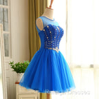 Blue Beaded Tulle Short Cute Homecoming Dress, Blue Short Party Dress Prom Dress