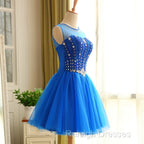 Blue Beaded Tulle Short Cute Homecoming Dresses Blue Short Prom Dresseses