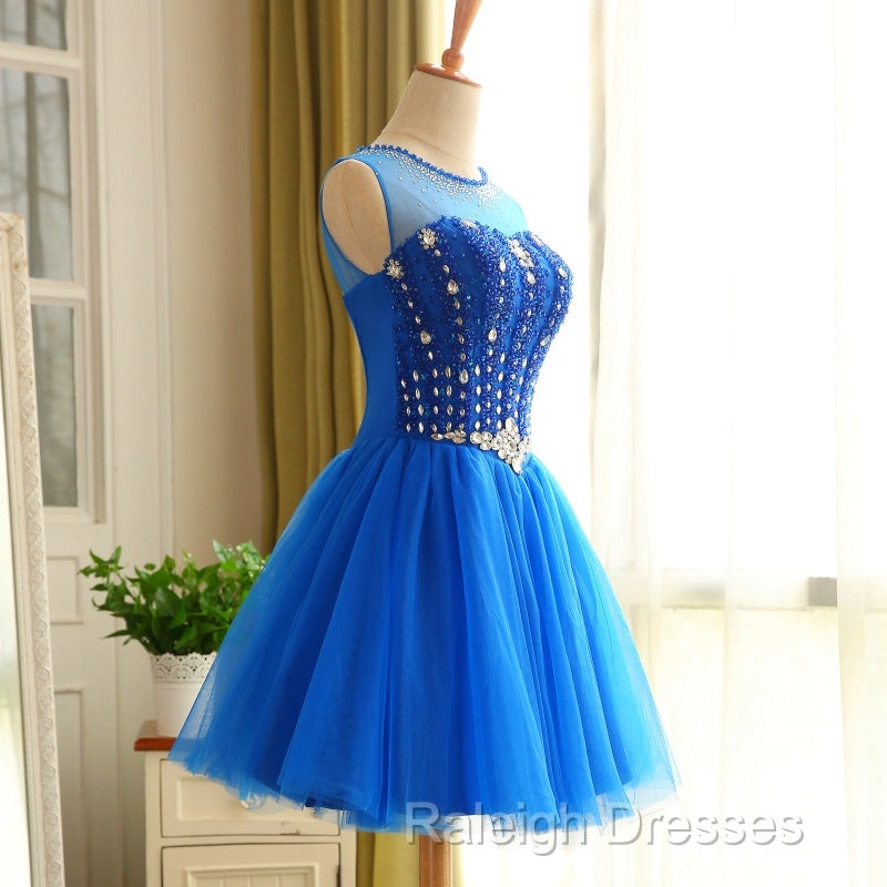 Blue Beaded Tulle Short Cute Homecoming Dresses Blue Short Prom Dresseses