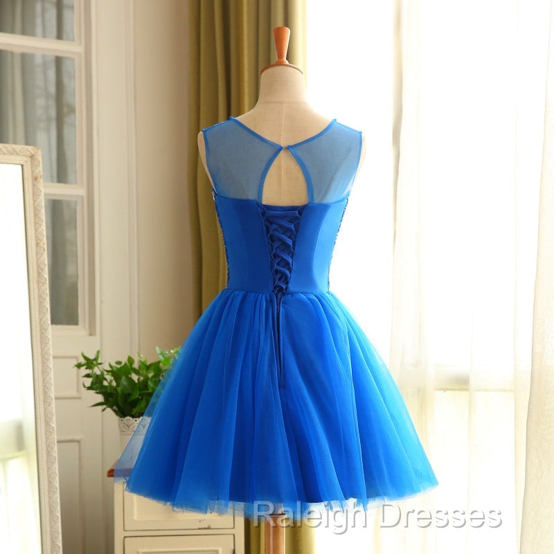 Blue Beaded Tulle Short Cute Homecoming Dresses Blue Short Prom Dresseses
