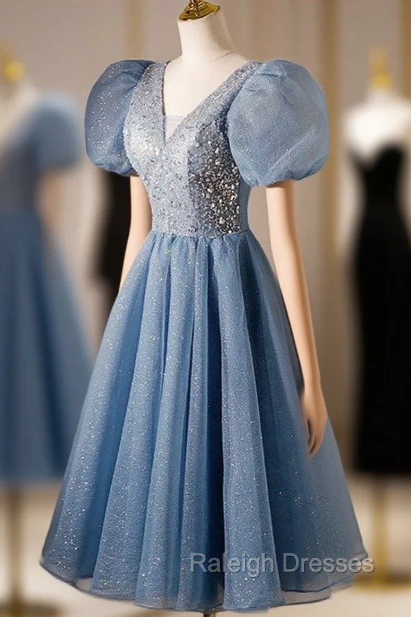 Blue Beaded Tulle Short Sleeves Formal Dresses, Blue Homecoming Dress Prom Dress