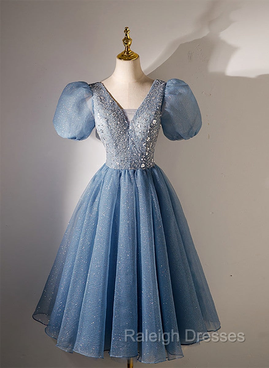 Blue Beaded Tulle Short Sleeves Formal Dresses, Blue Homecoming Dress Prom Dress Main image
