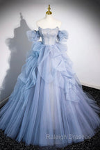 Blue Cascading Ruffles Long Prom Dresses, A Line Strapless Short Sleeve Sweep Train Prom Dress