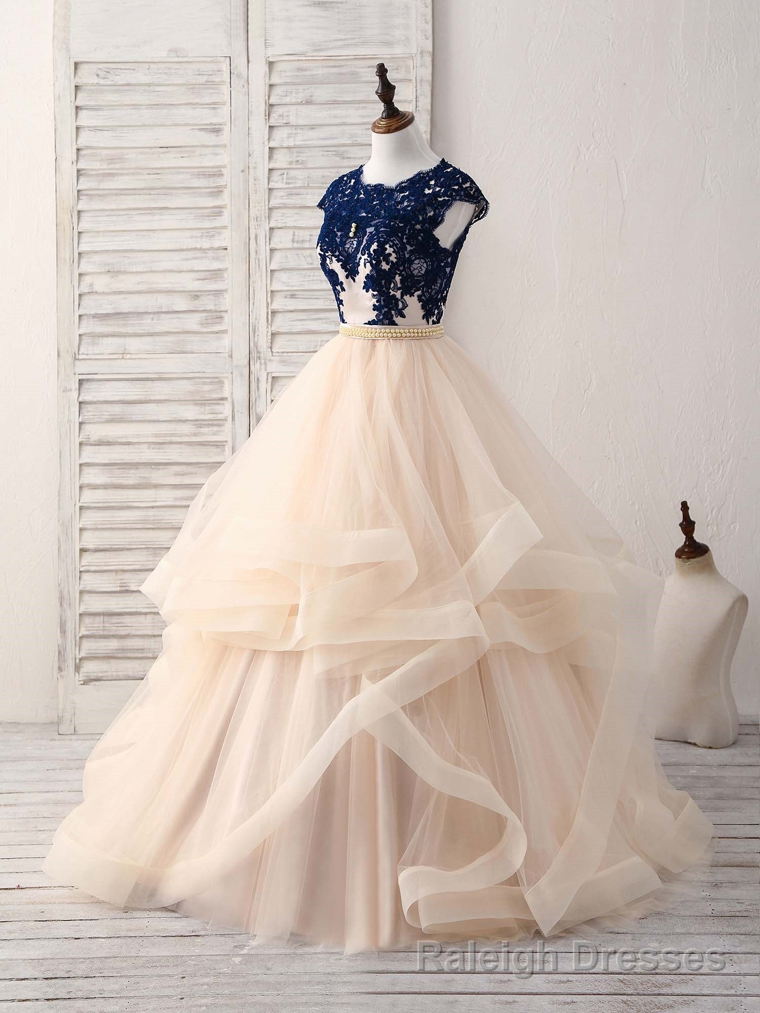 Blue/Champagne Tulle Lace Applique Long Prom Dress, Prom Dress