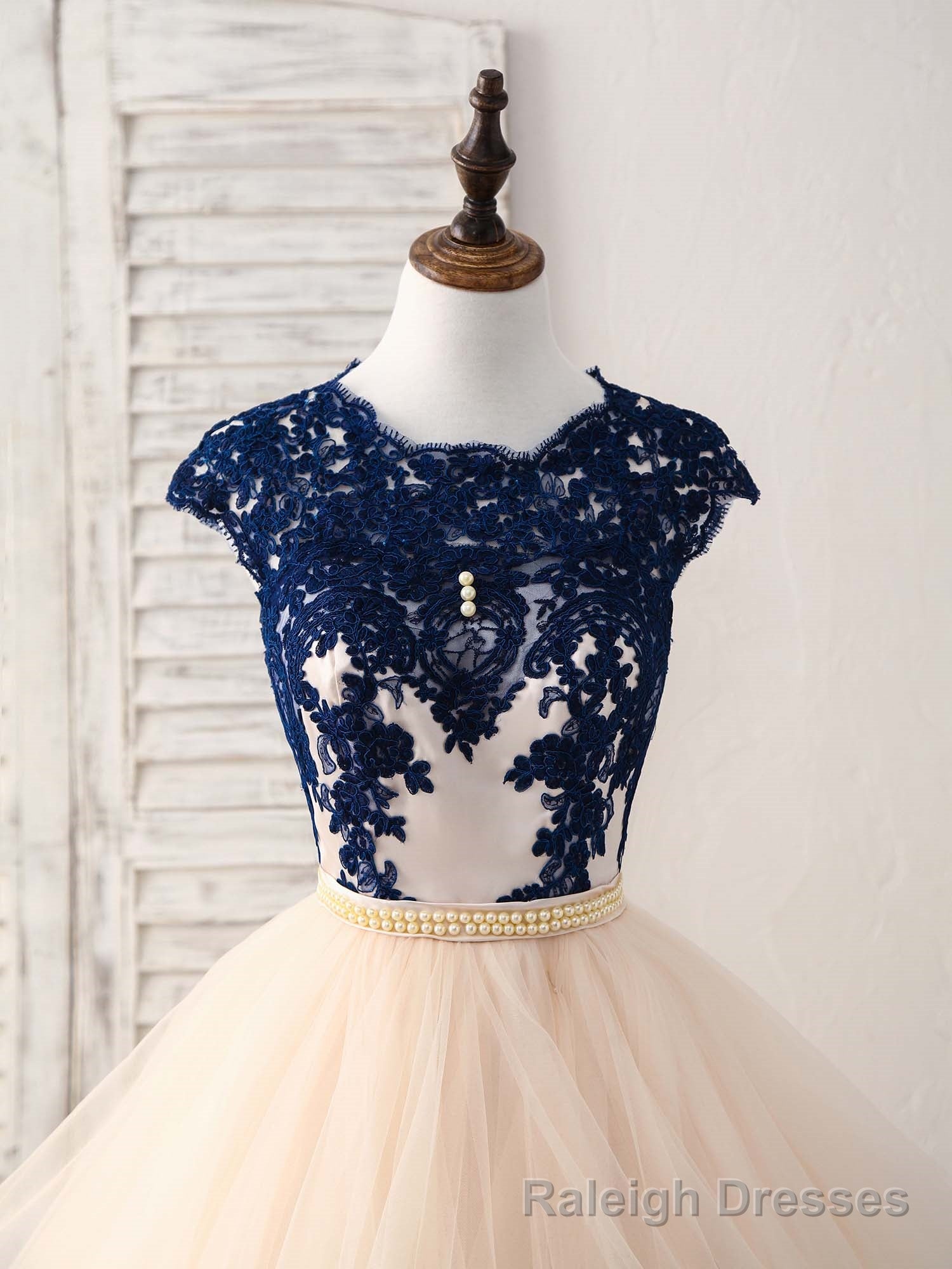 Blue/Champagne Tulle Lace Applique Long Prom Dress, Evening Dress
