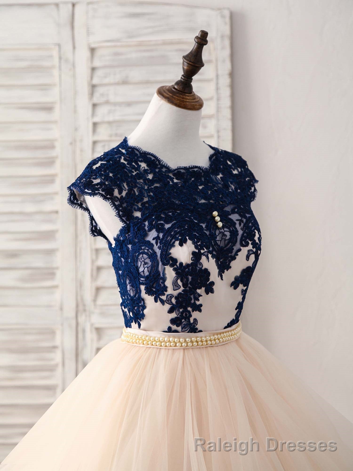 Blue/Champagne Tulle Lace Applique Long Prom Dress, Prom Dress