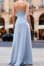 Blue Chiffon A Line Long Bridesmaid Dress with Ruffles