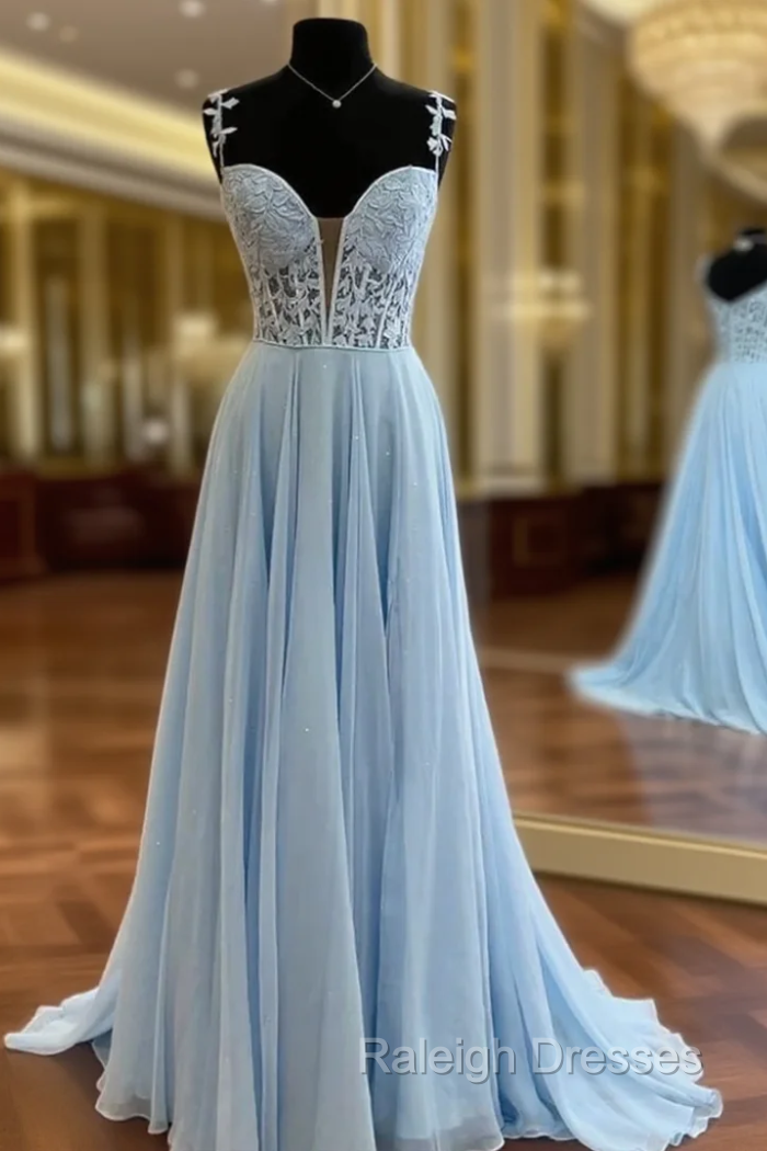Blue Chiffon Appliques Straps Prom Dress