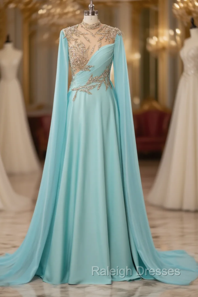 Blue Chiffon Beading High Neck Prom Dress