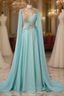 Blue Chiffon Beading High Neck Prom Dress